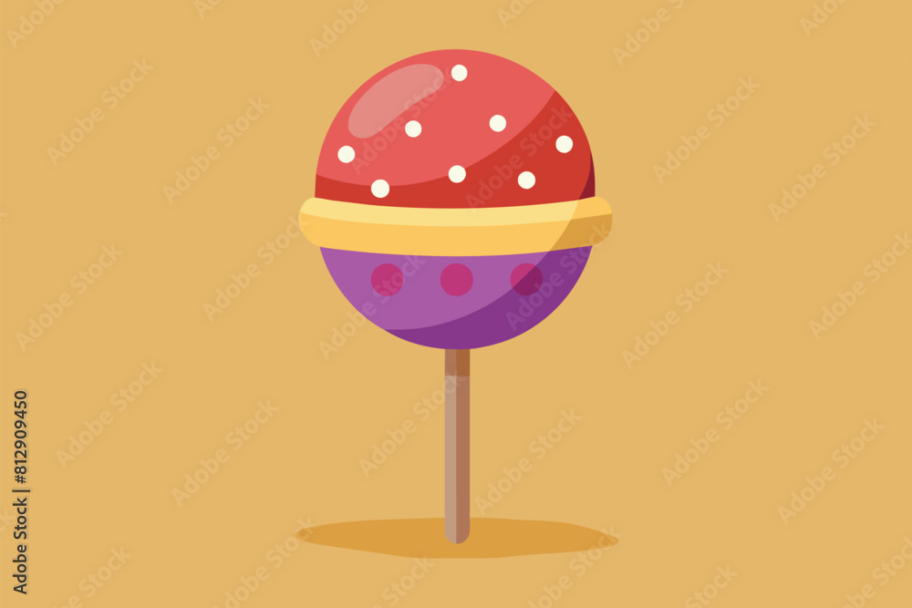 Vibrant lollipop with polka dots on stick against a plain background, Cake pop Customizable Disproportionate Illustration Vibrant lollipop with polka dots on stick against a plain background, Cake pop Customizable Disproportionate Illustration