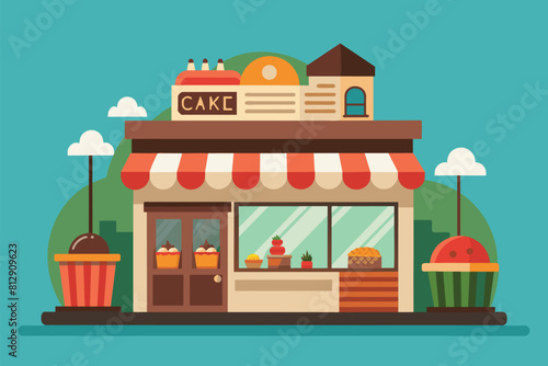 A bakery storefront with a prominent sign that says cake shop, Cake shop Customizable Semi Flat Illustration