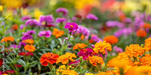 Vibrant Display of Colorful Marigolds and Petunias in a Summer Garden