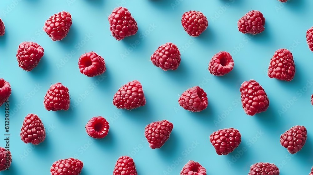 Colorful pattern of raspberries on blue background From top view : Generative AI Colorful pattern of raspberries on blue background From top view : Generative AI