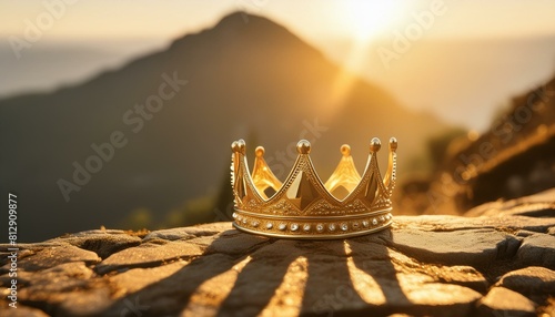 Create a photorealistic one of a mountain being illuminated by the sun in the background, and then on the ground a small crown of gold pulidus. photo