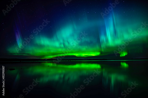 Northern lights dancing over calm lake in north of Sweden. Farnebofjarden national park.