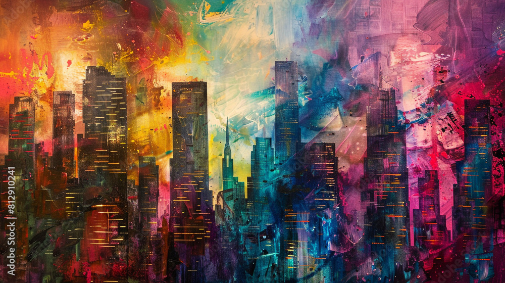 A colorful cityscape with a lot of buildings and a lot of oil paint splatters