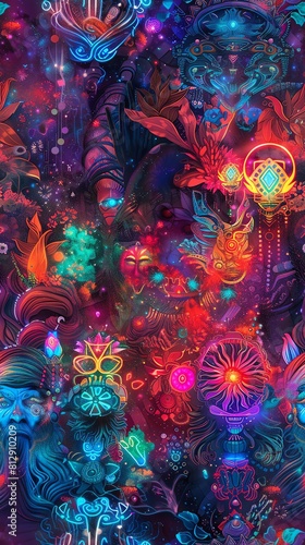 Render mythical beings in vibrant colors against a backdrop of neon lights