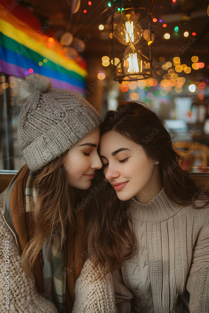 In this warm and intimate portrait, two women are depicted close together, sharing a tender moment of affection against a backdrop featuring a rainbow flag In this warm and intimate portrait, two women are depicted close together, sharing a tender moment of affection against a backdrop featuring a rainbow flag