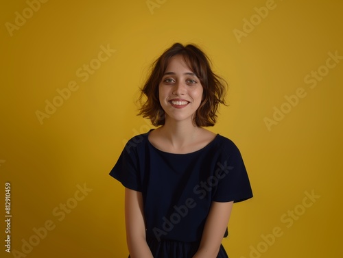 Smiling Young Woman on Yellow Background. Generative AI.