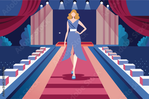 A woman elegantly walks along a vibrant red carpet at an event, Catwalk Customizable Semi Flat Illustration