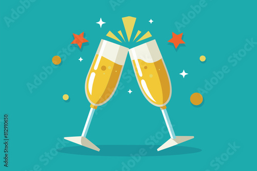 Two glasses of champagne surrounded by stars and confetti on a celebratory background, Champagne toast Customizable Flat Illustration