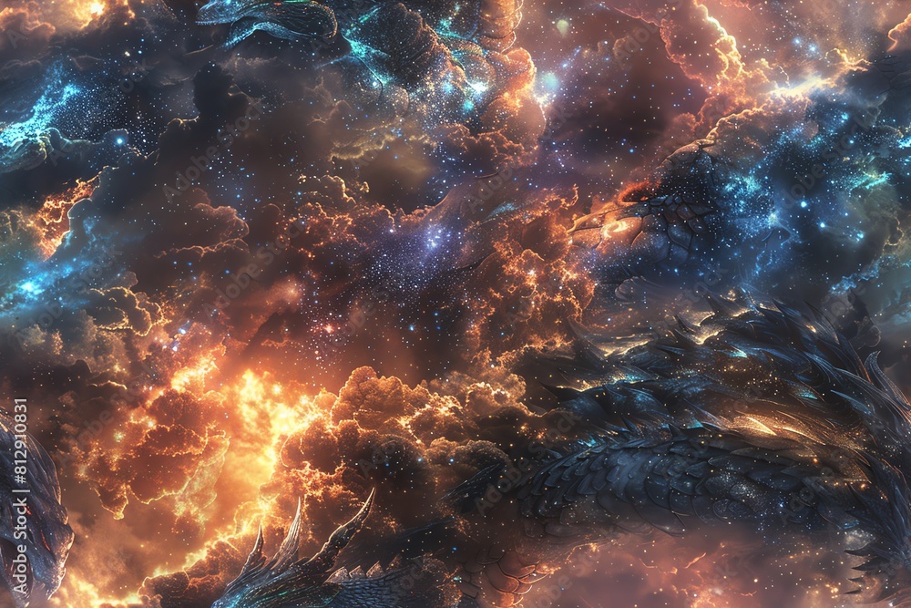 Fototapeta premium Embark on a visual odyssey delving into the fusion of side view mythical creatures and space exploration