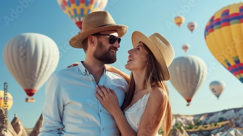 Happy couple on vacation in Cappadocia with hot air balloons in the background Hot air balloon flights : Generative AI photo