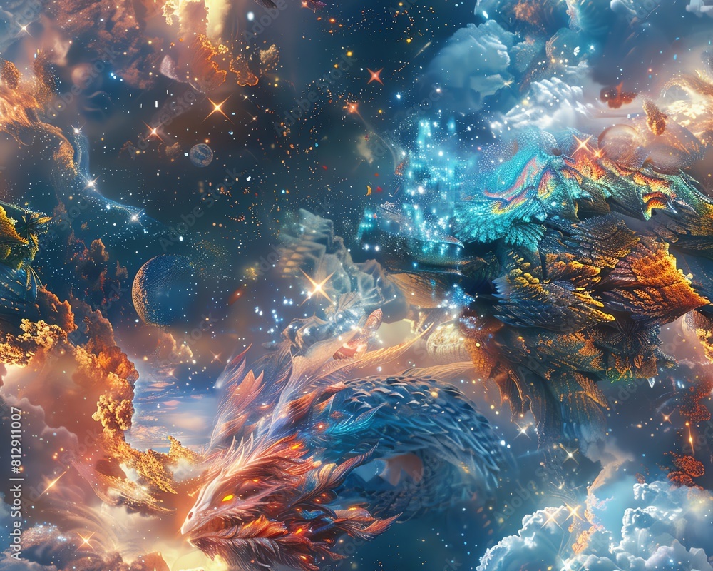 Immerse in a surreal world where mythical creatures in side view meet the wonders of space exploration Immerse in a surreal world where mythical creatures in side view meet the wonders of space exploration