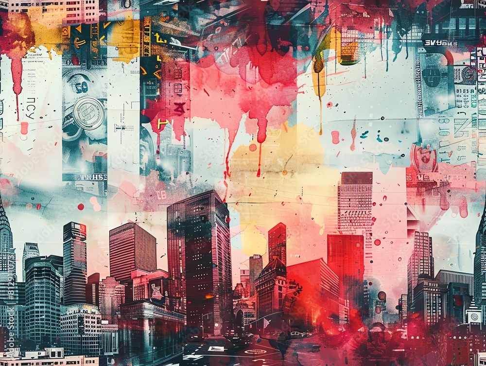 Blend the grit of urban exploration with the elegance of financial motifs in a watercolor cityscape featuring graffiti walls juxtaposed with subtle money patterns