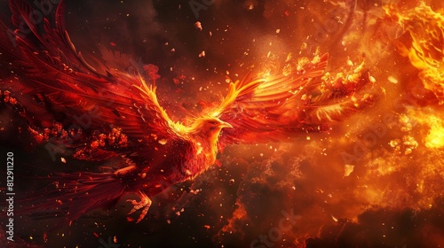 A red bird is flying through a fiery sky
