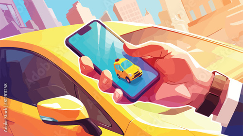 Hand holding phone with taxi calling app cartoon ve photo