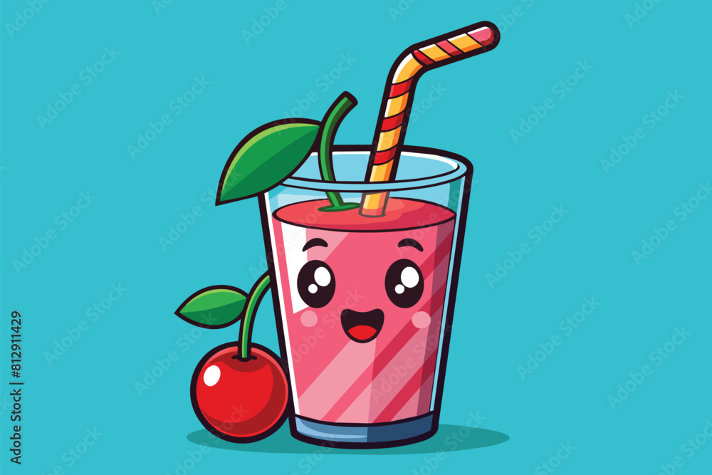 Cartoon illustration of a glass with a straw and a cherry inside, Cherry drink Customizable Cartoon Illustration Cartoon illustration of a glass with a straw and a cherry inside, Cherry drink Customizable Cartoon Illustration