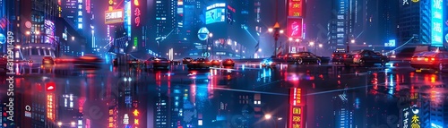 Capture a futuristic metropolis skyline crammed with neon holograms & bustling hovercars; show from ground level looking up, reflecting a sense of scale & awe photo