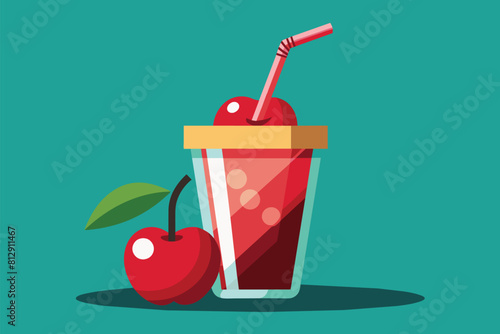 A glass of juice with a red and white straw, topped with two cherries, Cherry drink Customizable Disproportionate Illustration