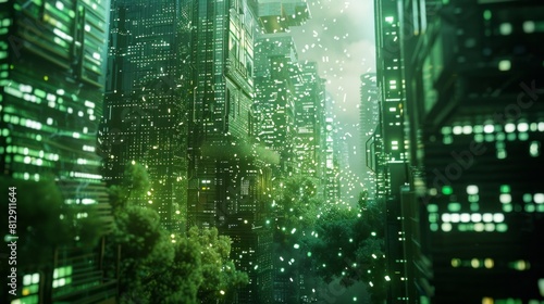 A cityscape with a green forest in the middle