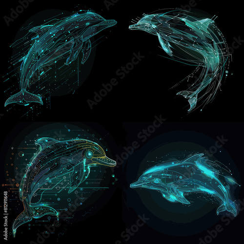 Futuristic cybernetic dolphin artwork featuring glowing neon elements, digital circuits, and a sleek sci-fi aesthetic blending marine life with advanced technology