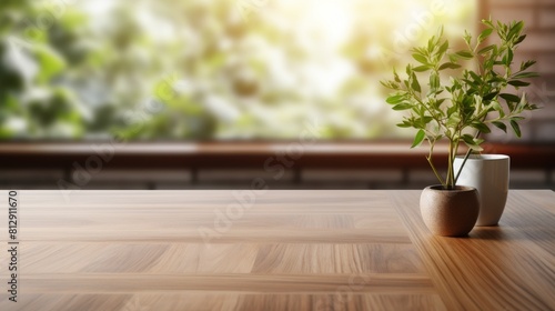 A wooden table with a potted plant sitting in front of a window