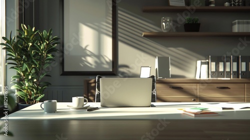 A desk with a laptop  a cup of coffee  and a potted plant