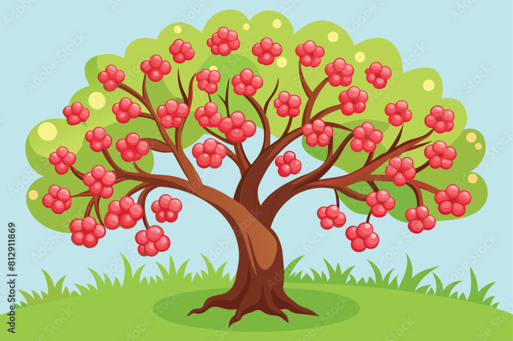 A cherry tree with red berries stands in the grass, Cherry tree Customizable Disproportionate Illustration