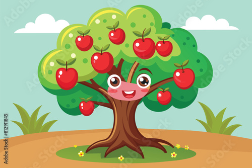 A cartoon cherry tree laden with ripe red apples, Cherry tree Customizable Cartoon Illustration