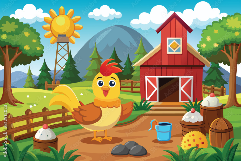 A chicken stands in the dirt near a barn on a farm, Chicken farm Customizable Cartoon Illustration A chicken stands in the dirt near a barn on a farm, Chicken farm Customizable Cartoon Illustration