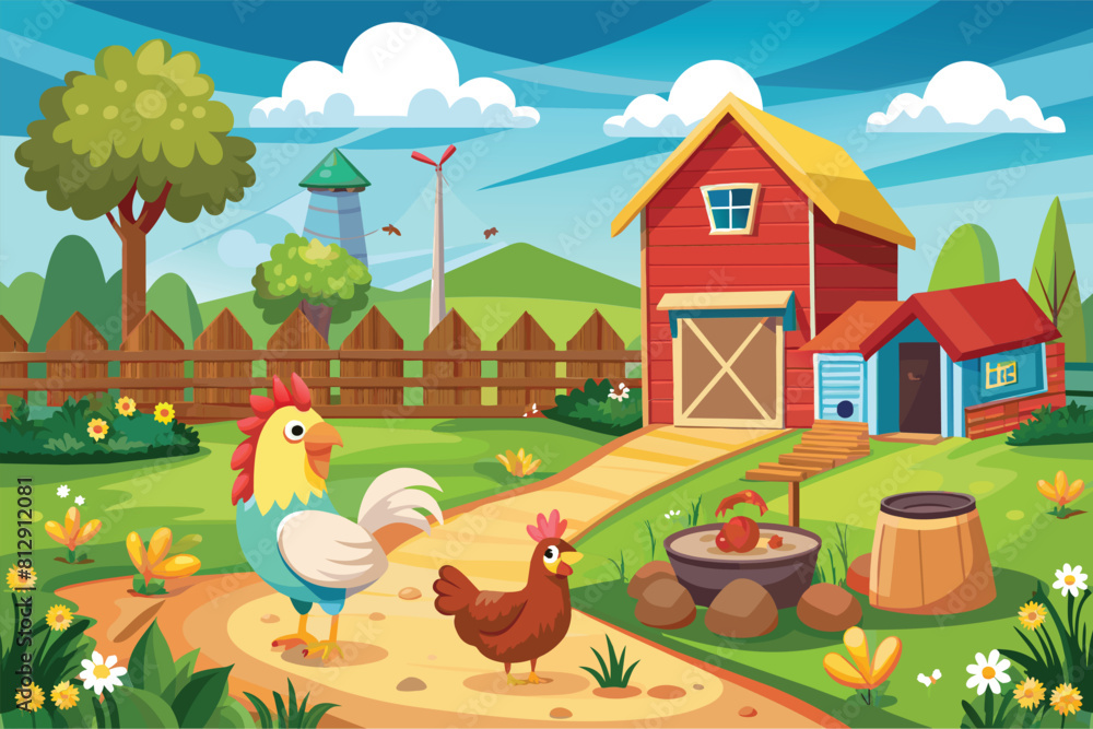 A rooster surrounded by chickens in a lively farm scene, Chicken farm Customizable Disproportionate Illustration A rooster surrounded by chickens in a lively farm scene, Chicken farm Customizable Disproportionate Illustration