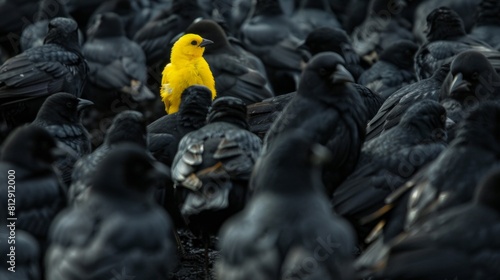 A yellow bird stands out in a flock of black birds
