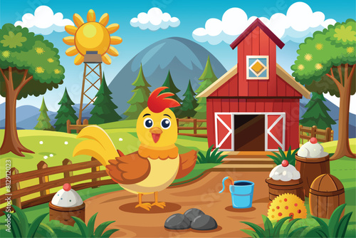 A chicken stands in the dirt near a barn on a farm  Chicken farm Customizable Cartoon Illustration