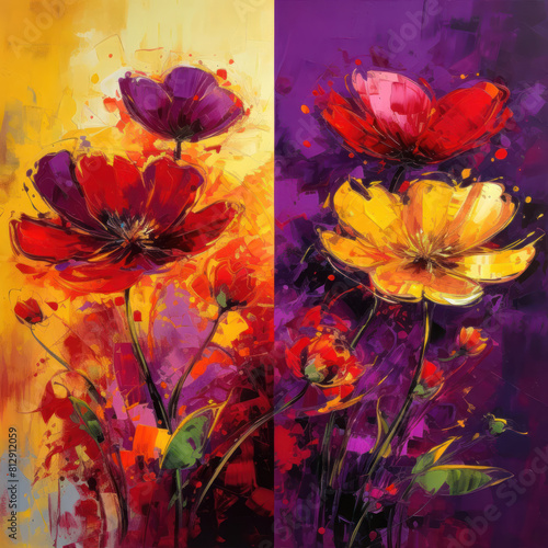 Explosive colorful abstract painting of wildflowers in bloom. © Evarelle