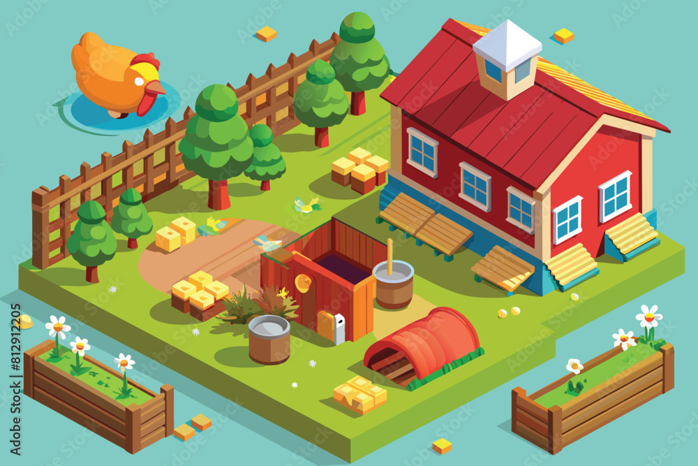 A small farm featuring a red barn with a matching red roof, Chicken farm Customizable Isometric Illustration