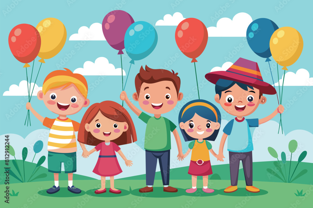 Children happily standing in a field holding colorful balloons, Children with balloons Customizable Cartoon Illustration Children happily standing in a field holding colorful balloons, Children with balloons Customizable Cartoon Illustration
