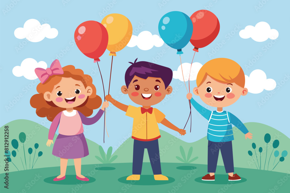 Children happily playing in a field, each holding colorful balloons, Children with balloons Customizable Cartoon Illustration Children happily playing in a field, each holding colorful balloons, Children with balloons Customizable Cartoon Illustration