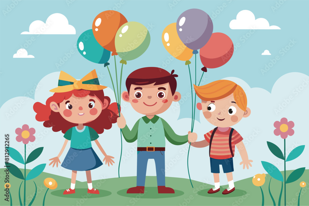 A boy and a girl are standing together, each holding colorful balloons in their hands, Children with balloons Customizable Disproportionate Illustration A boy and a girl are standing together, each holding colorful balloons in their hands, Children with balloons Customizable Disproportionate Illustration