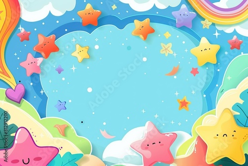 Cute Cartoon Frame Design with Blue Background and Star Border Childrens Book Illustration Style Frame with Stars on Blue