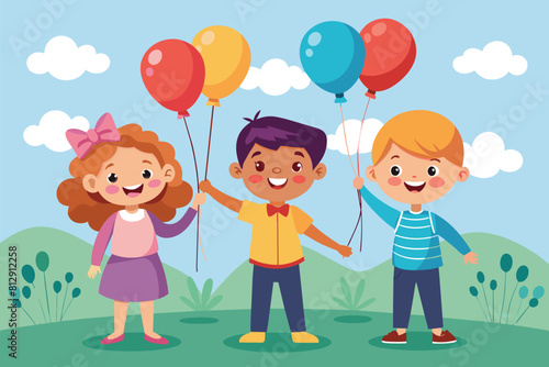 Children happily playing in a field, each holding colorful balloons, Children with balloons Customizable Cartoon Illustration