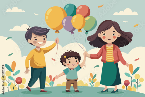 A man and woman standing next to a child who is holding colorful balloons, Children with balloons Customizable Disproportionate Illustration