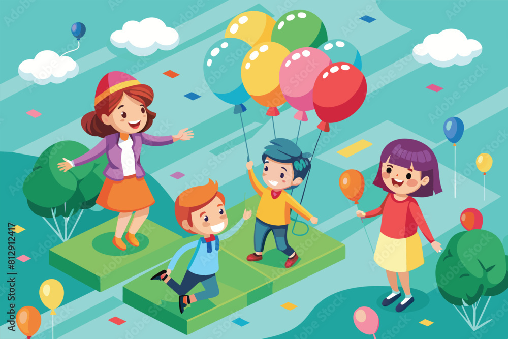 People launch colorful kites into the air on a lush green field, Children with balloons Customizable Isometric Illustration People launch colorful kites into the air on a lush green field, Children with balloons Customizable Isometric Illustration