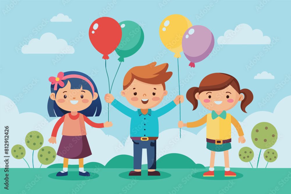 A man and two children happily hold colorful balloons in a park, Children with balloons Customizable Semi Flat Illustration A man and two children happily hold colorful balloons in a park, Children with balloons Customizable Semi Flat Illustration