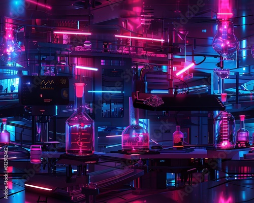 Craft a captivating image of a futuristic experiment gone awry in a lab at a tilted angle