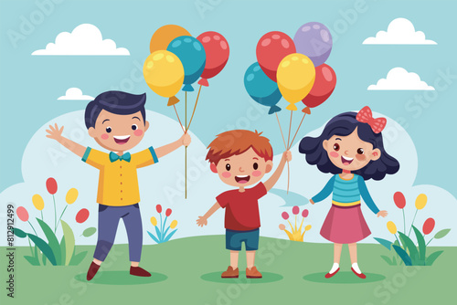 A man and two children joyfully hold colorful balloons in a sunny outdoor setting, Children with balloons Customizable Semi Flat Illustration