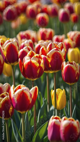 Sunny Tulip Extravaganza  Vibrant Close-up of Colorful Tulips in Full Bloom