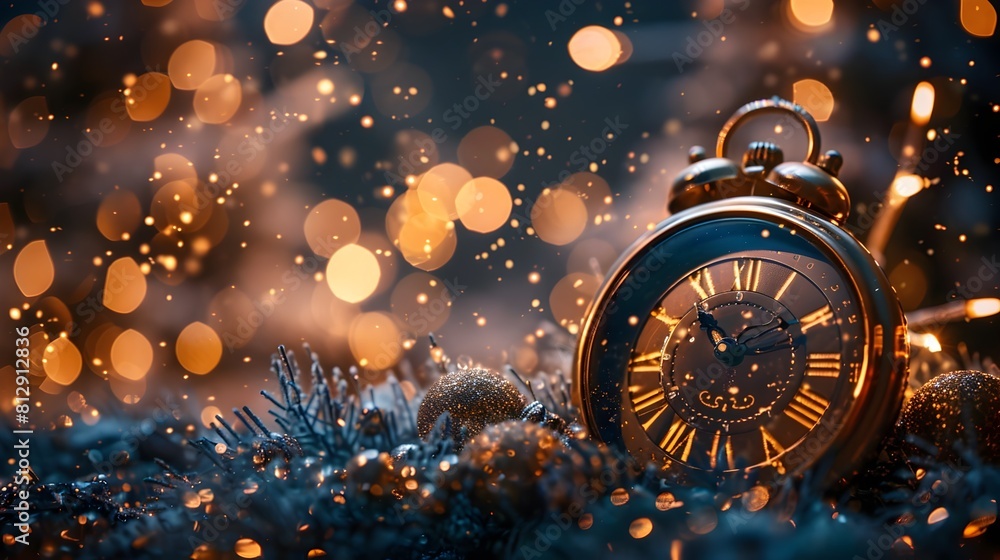 Vintage Pocket Watch Glittering in Magical Winter Wonderland Celebrating New Year s Eve