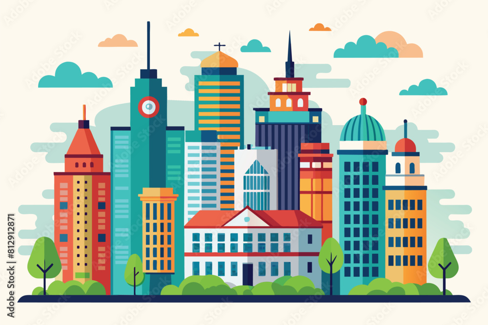 A city skyline featuring towering buildings and lush trees creating a harmonious urban landscape, City skyline Customizable Disproportionate Illustration