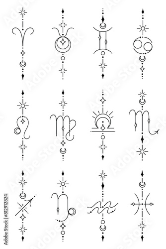 Set of zodiac sign and symbol blackwork tattoo. Sacred geometry horoscope tattoo design collection, mystic symbol of constellation. New school dotwork, line art minimalist style tattoo. Boho design.