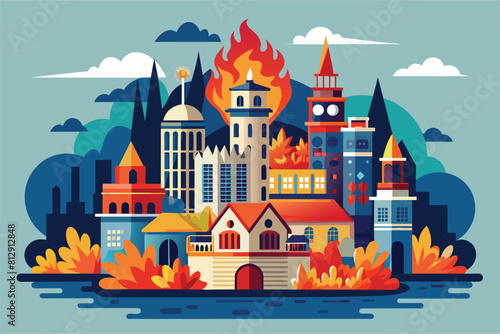 A city engulfed in flames, with numerous buildings burning in a devastating fire, City on fire Customizable Flat Illustration