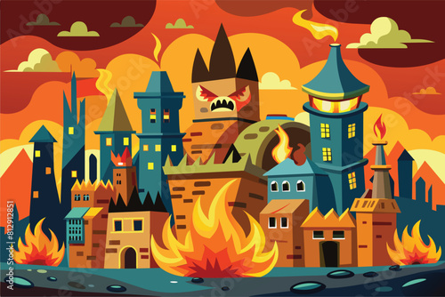 Cartoon illustration of a castle engulfed in flames, City on fire Customizable Cartoon Illustration