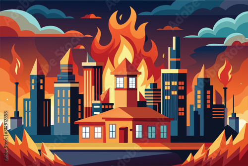 A city ablaze with buildings in the background, depicting a scene of destruction and chaos, City on fire Customizable Semi Flat Illustration